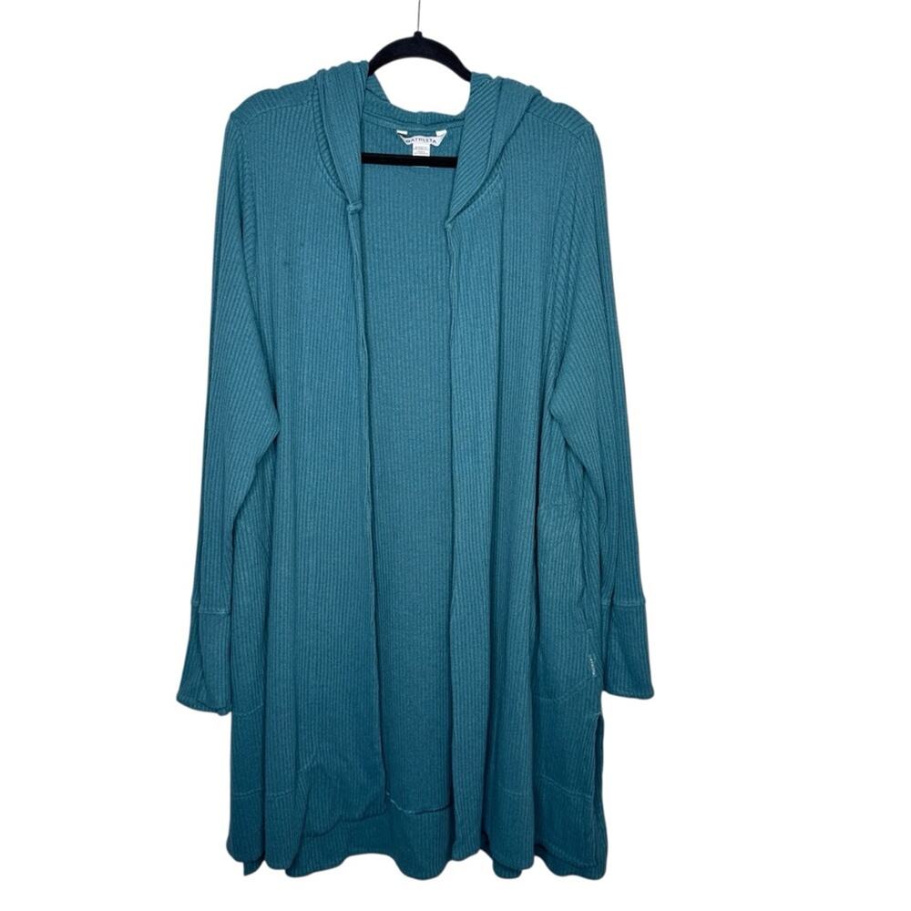 ATHLETA / Harmony wrap teal blue green ribbed hooded duster cardigan sweater /2X